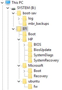 explorerplusplus showing the efi boot partition and its efi files